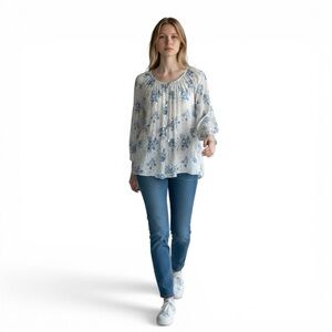 Talisman Blue Floral Boho Blouse Cotton Gauze Peasant Top Button Front M/L